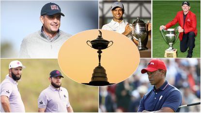 Keegan Bradley, Aaron Rai, Matt Wallace, Jon Rahm, Tyrrell Hatton and Tiger Woods in a grid format