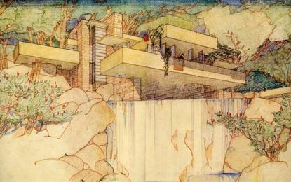 Hand drawing of a modern looking house above a waterfall by Frank Lloyd Wright.