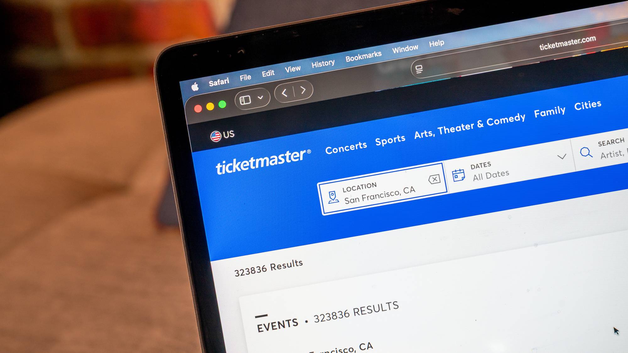 The Ticketmaster website on a laptop arranged in San Francisco