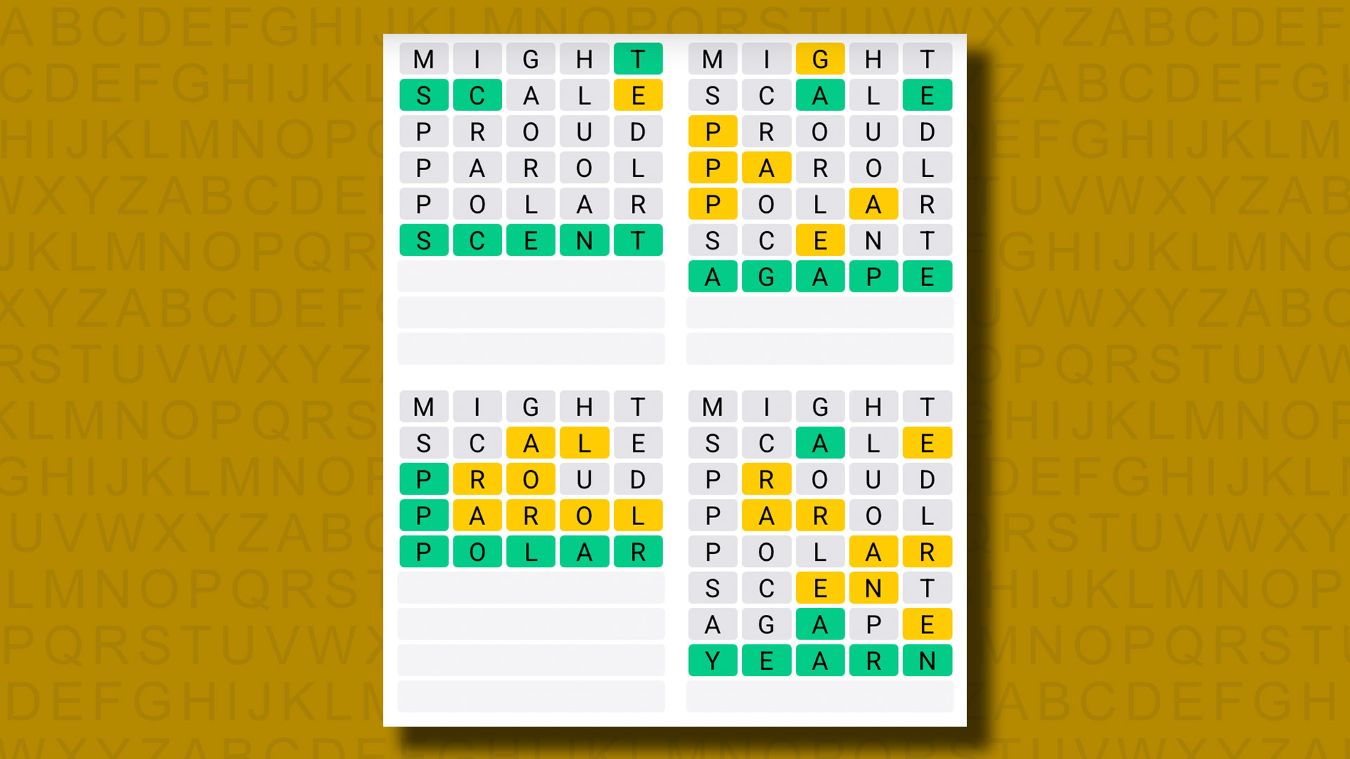 Quordle answers for game 1205 on a yellow background