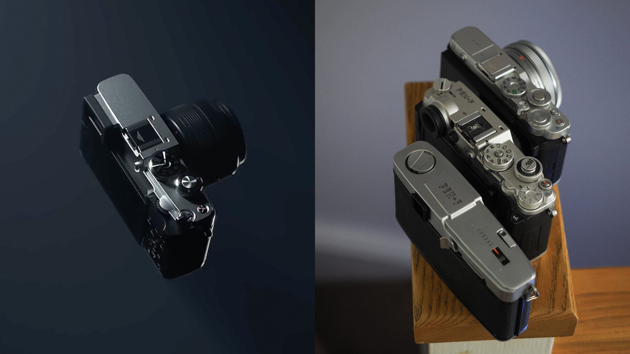 OM System PEN camera teaser image next to images of a PEN-F film, PEN-F digital and PEN E-P7