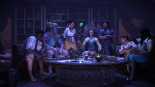 Dragon Age: The Veilgurad companions sit together around a table in The Lighthouse