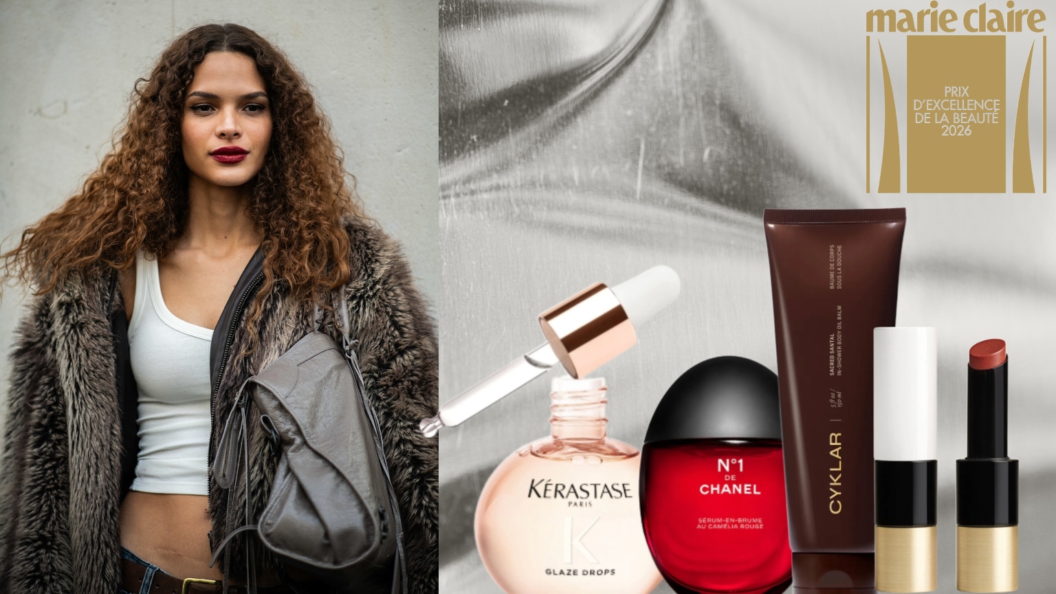 a woman with red lipstick and brown curly hair on a silver background next to beauty product bottles