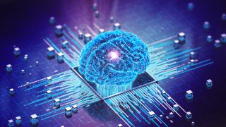 conceptual illustration shows a glowing human brain on top of a computer harddrive