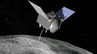 A spacecraft is seen above an asteroid in space.