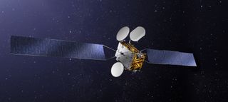 An artist's illustration depicts the TurkmenAlem52E/MonacoSAT, that will allow Turkmenistan to operate its first national satellite telecommunications system.