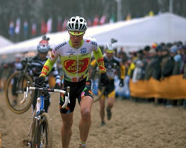 Jeremy Powers exits the pits at the muddy and wet Azencross GVA at Loenhut, Belgium.