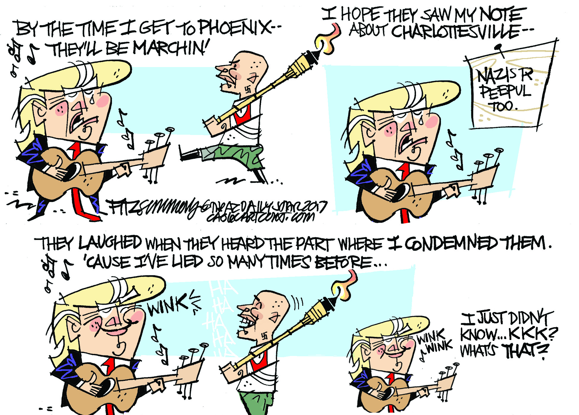 Political cartoon U.S. Trump Phoenix rally Charlottesville KKK