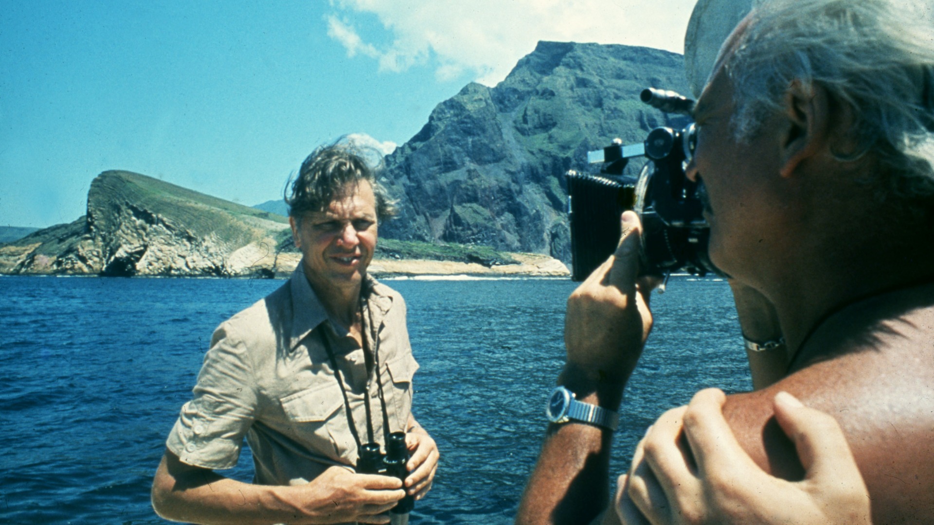 David Attenborough during filming for the 1979 Life on Earth series.