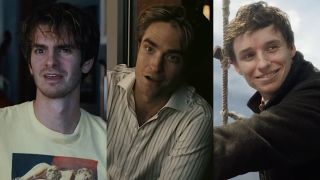 Andrew Garfield in Under the Silver Lake/Robert Pattinson in Tenet/Eddie Redmayne in The Aeronauts (side by side image, all smiling) 