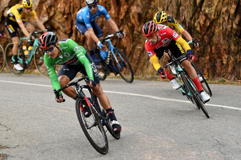 CIUDADRODRIGO SPAIN NOVEMBER 06 Richard Carapaz of Ecuador and Team INEOS Grenadiers Green Points Jersey Primoz Roglic of Slovenia and Team Jumbo Visma Red Leader Jersey during the 75th Tour of Spain 2020 Stage 16 a 162km stage from Salamanca to Ciudad Rodrigo lavuelta LaVuelta20 La Vuelta on November 06 2020 in Ciudad Rodrigo Spain Photo by David RamosGetty Images