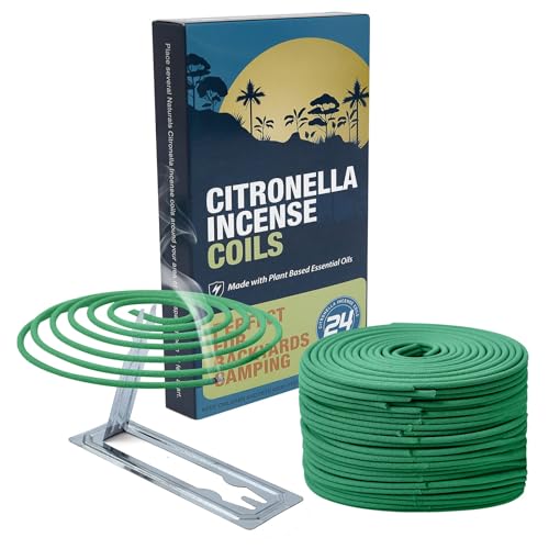 Citronella Incense Coils Outdoor Patio - Each Coil Could Last for 5-7 Hours - Perfect for Backyards Camping (contains 24 Coils & 2 Stands)