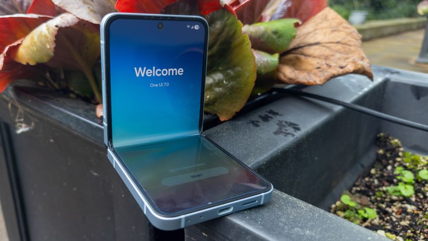 One UI 7 welcome screen on the Galaxy Z Flip 6, sitting in front of colorful plants