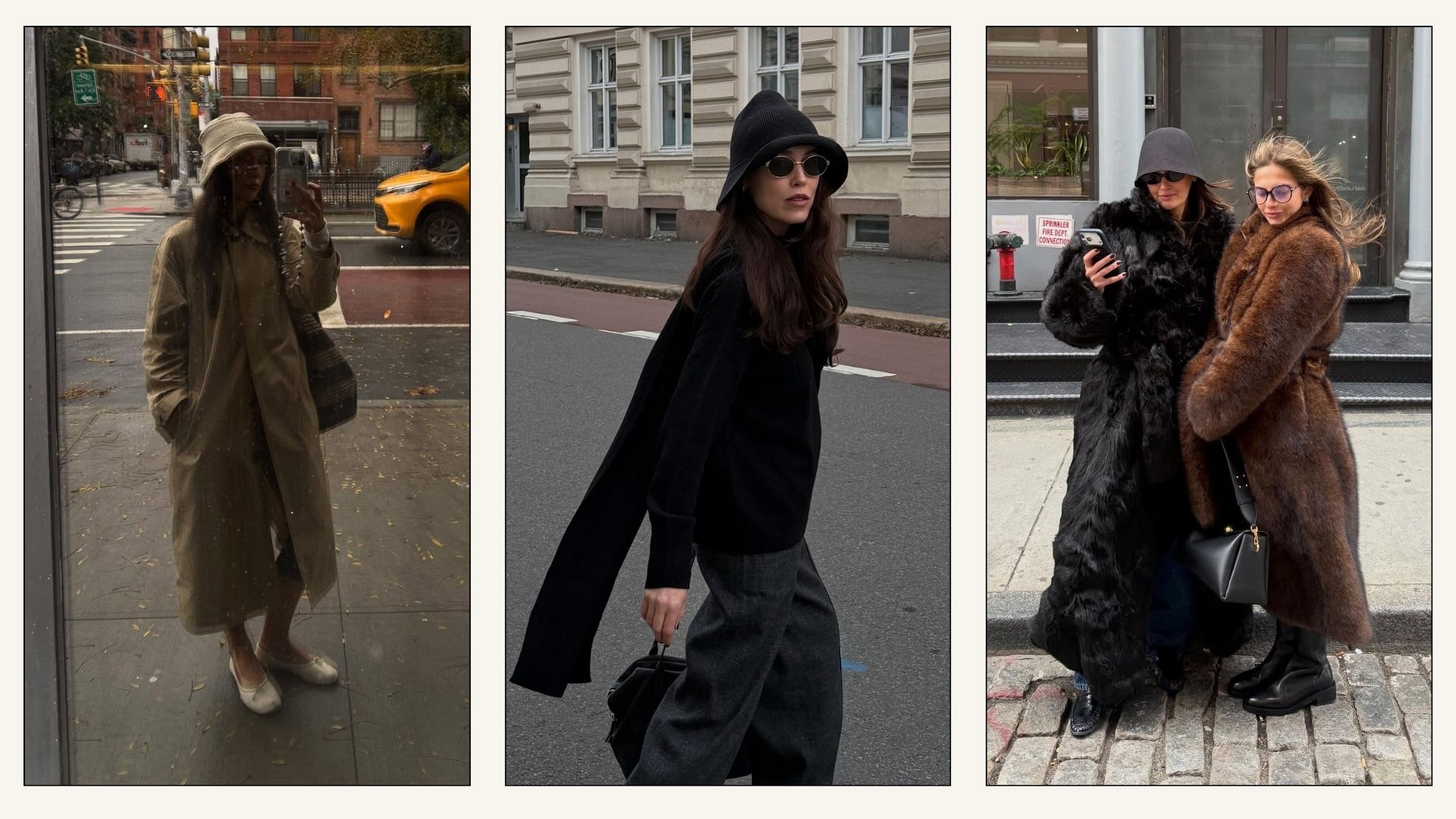 Influencer @annabelrosendahl walks down the street wearing a knitted bucket hat with a black jumper and grey trousers.