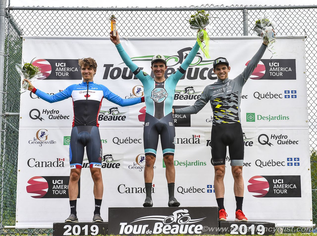 Stage 3 a podium at Tour de Beauce (left to right): Adam Roberge, Serghei Tvetcov, Brendan Rhim