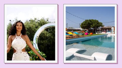 A composite image of Maya Jama and the pool at the Love Island villa, against a pink background