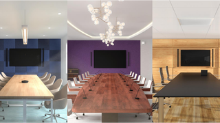 Three conference rooms, one with a blue checlered wall, one with a purple wall, and one with a wood finish, loaded with Yamaha UC solutions for hybrid meetings.