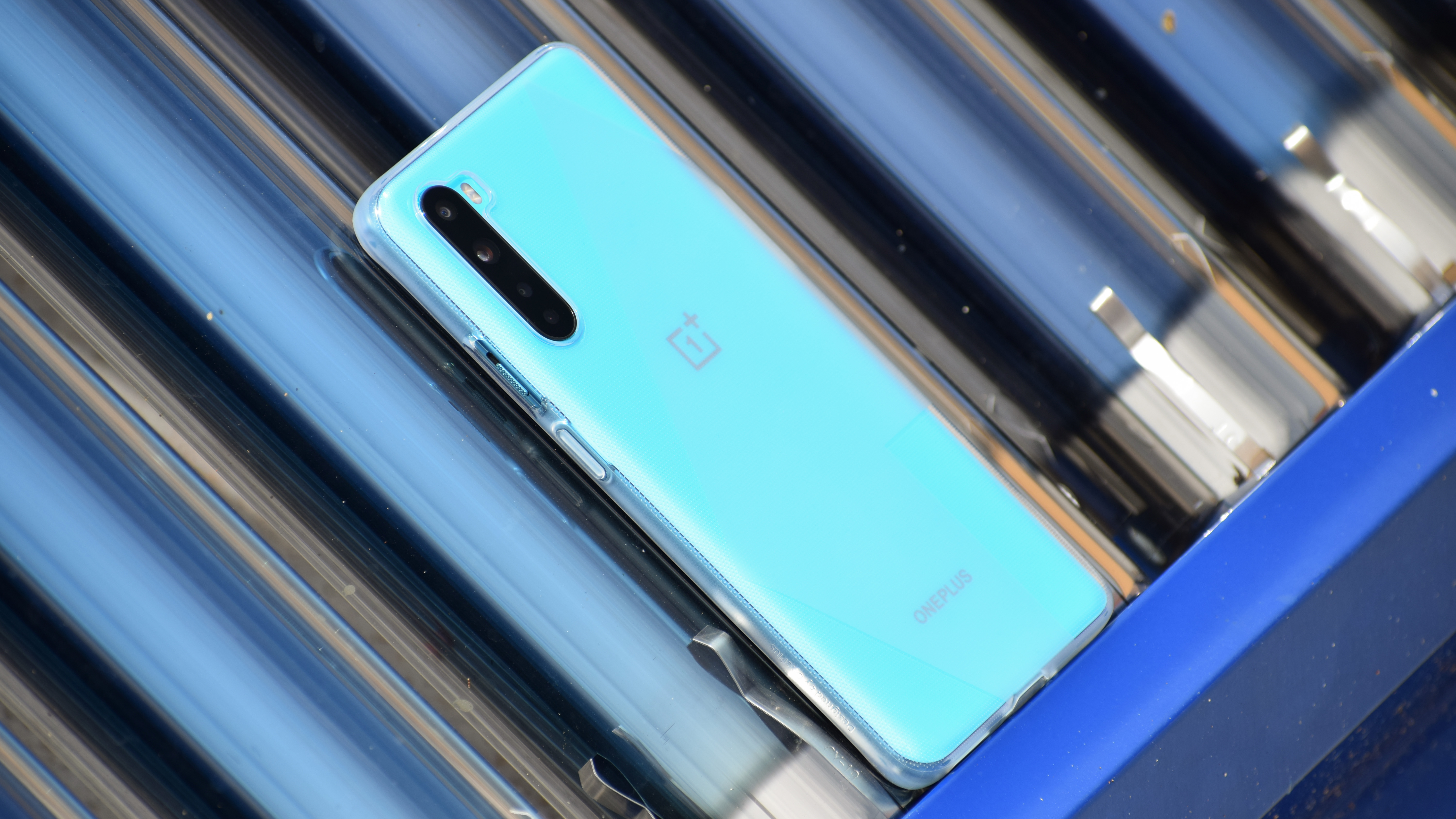 A OnePlus Nord from the back, in blue