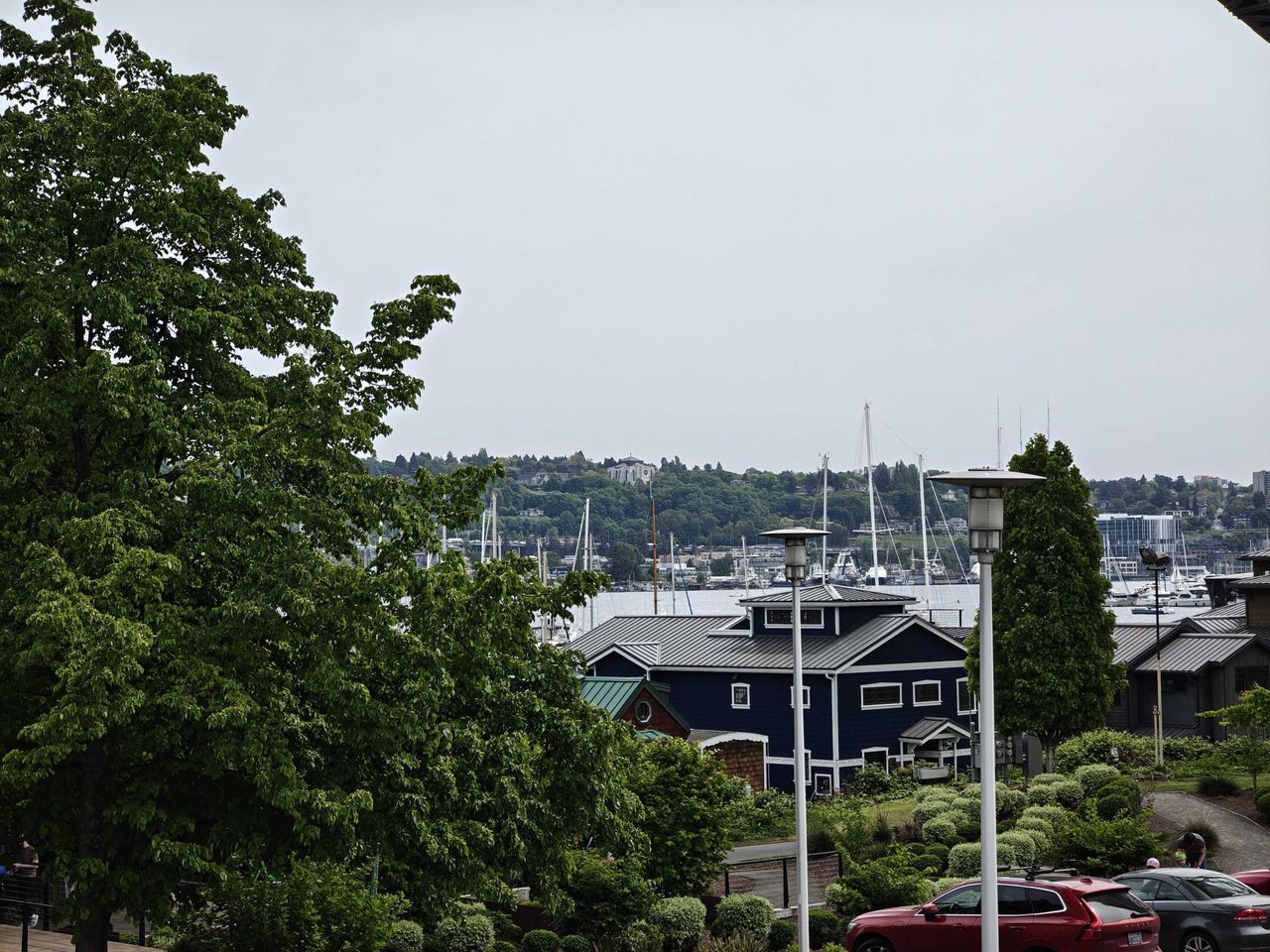 A church in the distance with trees all around