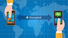 Two hands holding mobile phones with an arrow between labelled "encrypted"