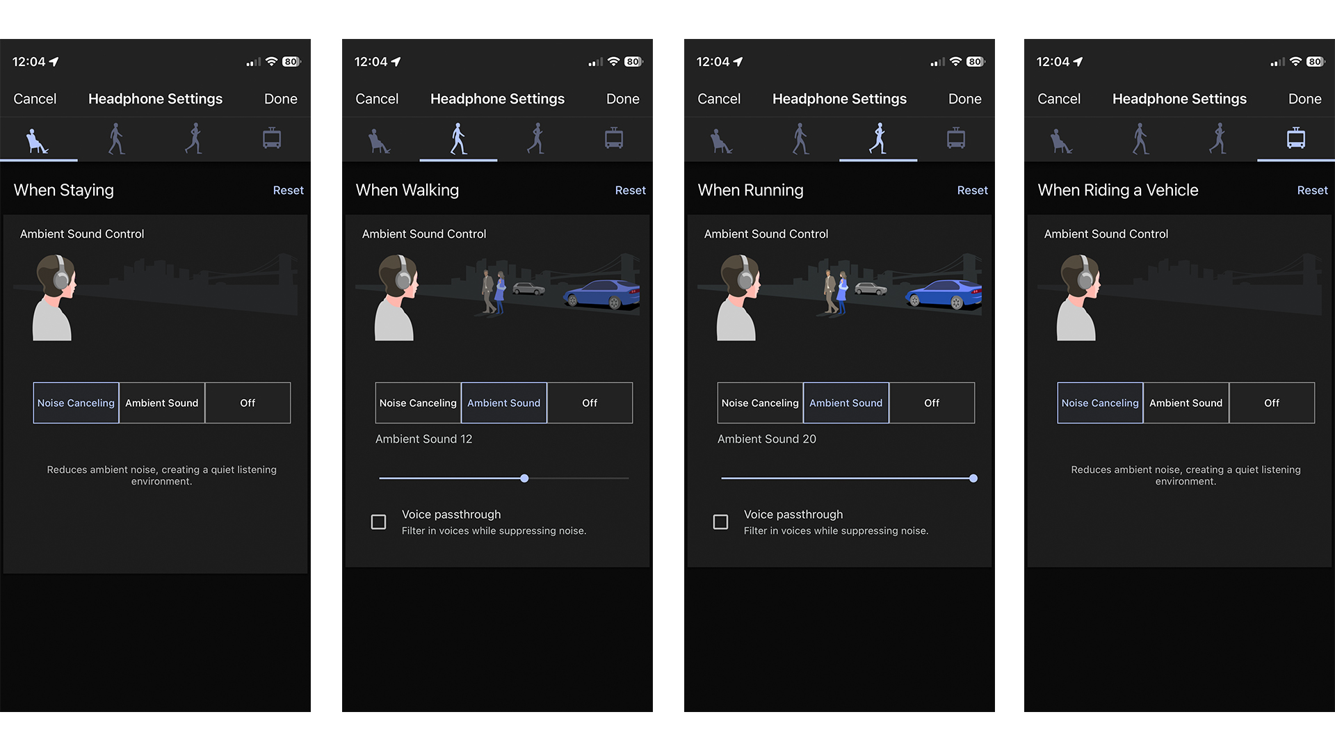A composite of four screenshots of the Sony Sound Connect mobile app, showing the Adaptive Sound Control feature in four use cases (left to right): when staying, when walking, when running and when riding a vehicle.
