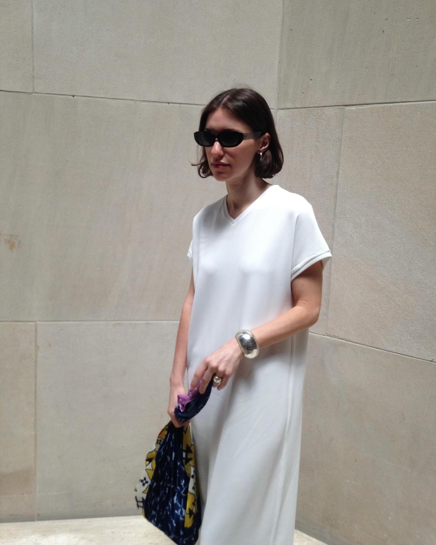 Laura Reilly wearing a long T-shirt dress.
