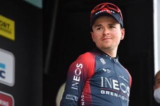 WAREGEM BELGIUM MARCH 30 Thomas Pidcock of United Kingdom and Team INEOS Grenadiers on third place poses on the podium ceremony after the 76th Dwars Door Vlaanderen 2022 Mens Elite a 1837km one day race from Roeselare to Waregem DDV22 DDVmen WorldTour on March 30 2022 in Waregem Belgium Photo by Luc ClaessenGetty Images