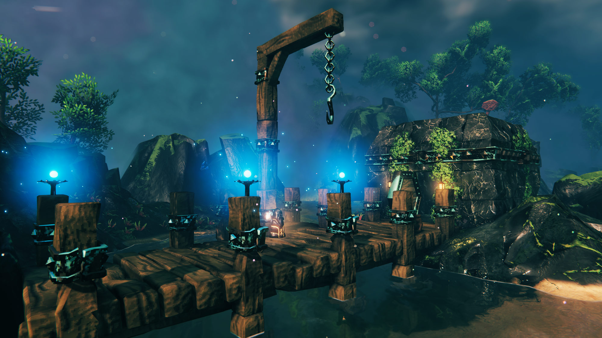 Valheim - A Dvergr hut lit up by Wisp lights in the Mistlands