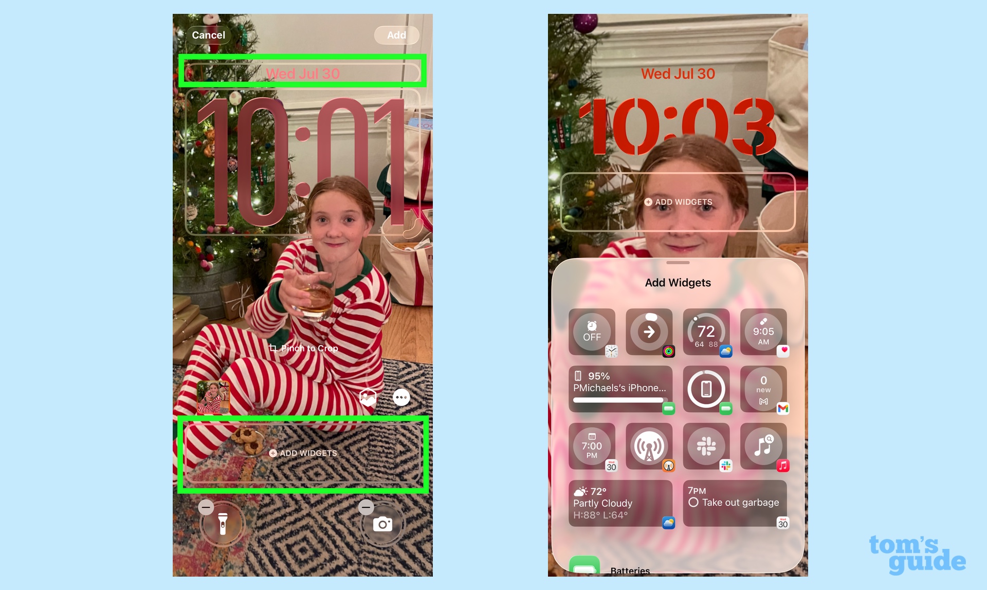 tap the date or widget area to add widgets to your lock screen