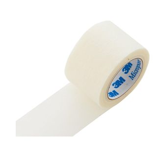 roll of surgical tape with one end unrolled, and blue branding on the inside of the roll