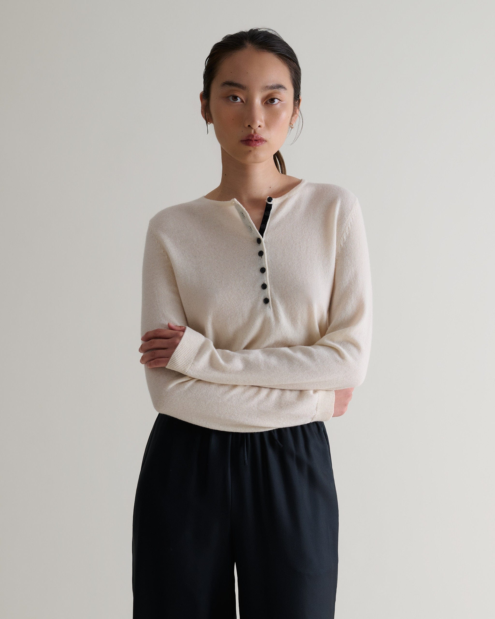 Women's Cashmere Merino Henley Jumper - Buttermilk - Buttermilk / Xs