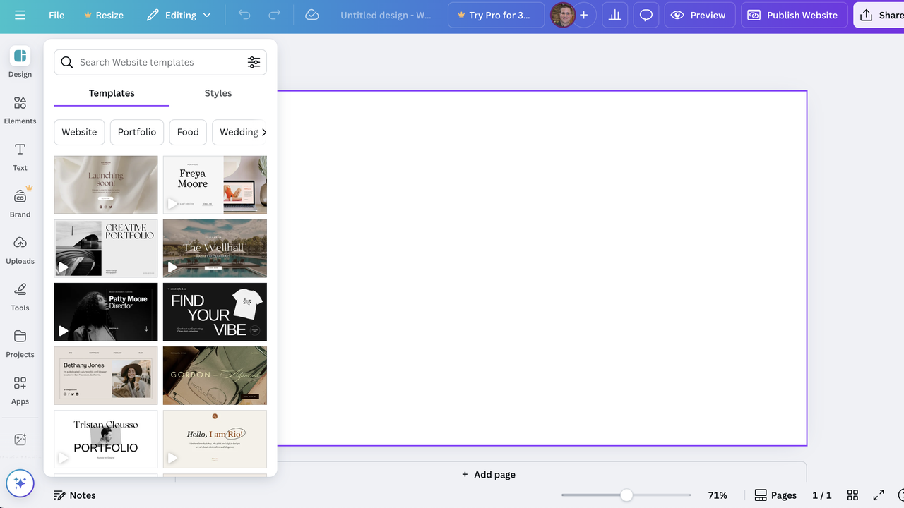 Screenshots of setup process in Canva Websites