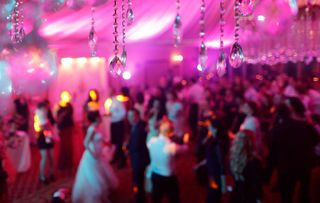 Elegant crystals hanging above wedding reception