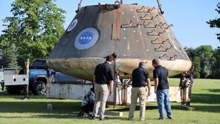 NASA&#039;s Orion Max Abort Launch System (MLAS) capsule arrives at the University of North Dakota for display.