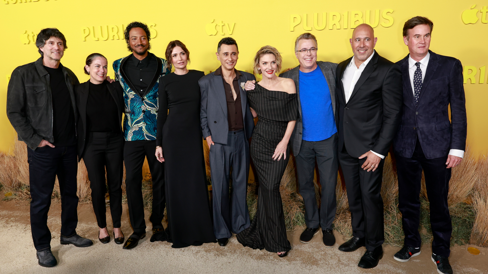 (L-R) Jamie Erlicht, Katherine Pope, President, Sony Pictures Television, Samba Schutte, Karolina Wydra, Rhea Seehorn, Vince Gilligan, Keith Le Goy, Chairman, Sony Pictures Television and Zack Van Amburg attend the world premiere of Apple TV+&#039;s &amp;quot;Pluribus&amp;quot; at DGA Theater Complex on November 04, 2025 in Los Angeles, California. (Photo by Frazer Harrison/Getty Images)