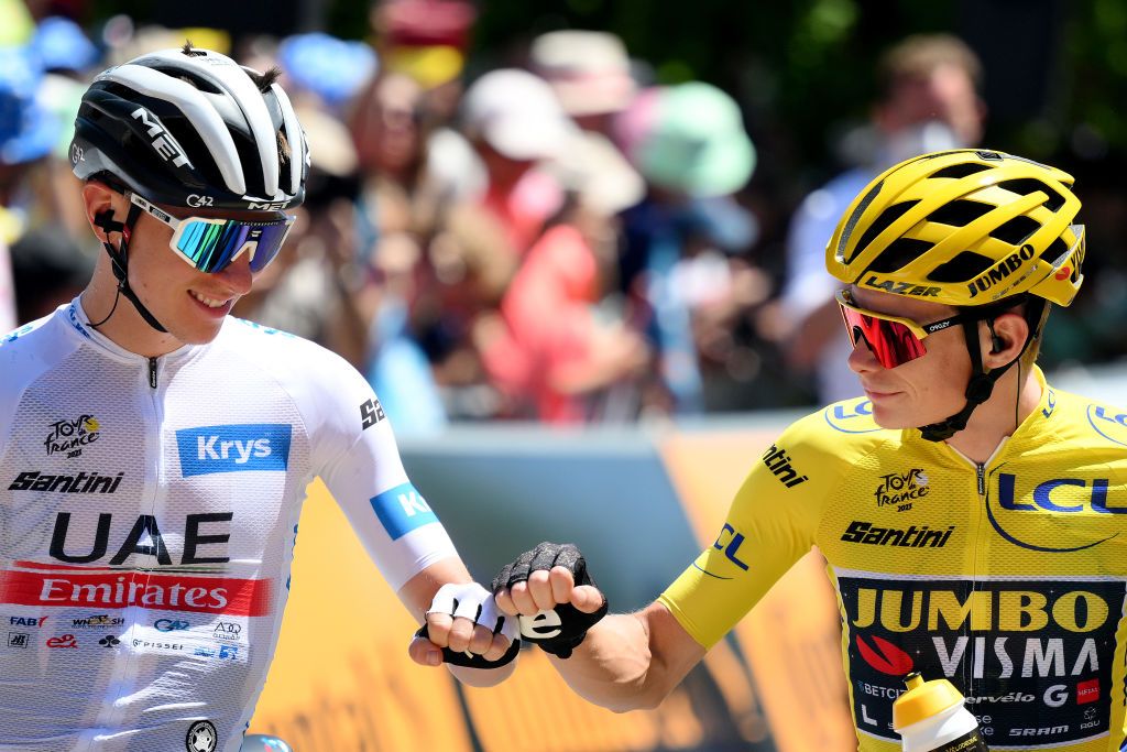 CHTILLONSURCHALARONNE FRANCE JULY 14 LR Tadej Pogacar of Slovenia and UAE Team Emirates White Best Young Rider Jersey and Jonas Vingegaard of Denmark and Team JumboVisma Yellow Leader Jersey prior to the stage thirteen of the 110th Tour de France 2023 a 1378km stage from ChtillonSurChalaronne to Grand Colombier 1501m UCIWT on July 14 2023 in ChtillonSurChalaronne France Photo by David RamosGetty Images
