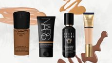 A collage feature four of the best foundations with SPF included in this guide from MAC, NARS, Bobbi Brown and Estee Lauder, arranged on a grey and white background with three foundation spills. 