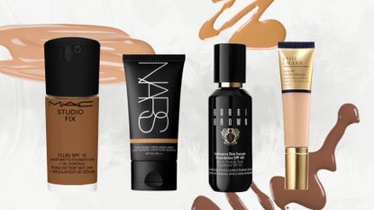 A collage feature four of the best foundations with SPF included in this guide from MAC, NARS, Bobbi Brown and Estee Lauder, arranged on a grey and white background with three foundation spills. 