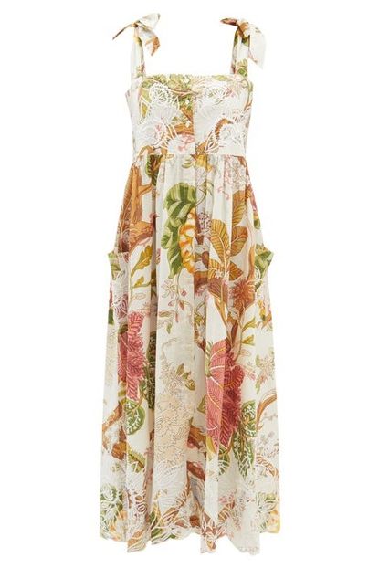 Juliet Dunn Embroidered Floral-Print Cotton-Voile Midi Dress
