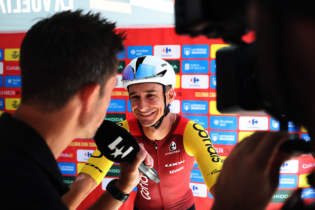 Bryan Coquard (Cofidis) meets the media before stage 16 of the 2026 Vuelta a Espa&amp;ntilde;a in Cortegana, Spain. (Photo by Alexander Hassenstein/Getty Images)