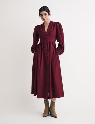 Burgundy Cord Long Sleeve Starlight Midi Dress