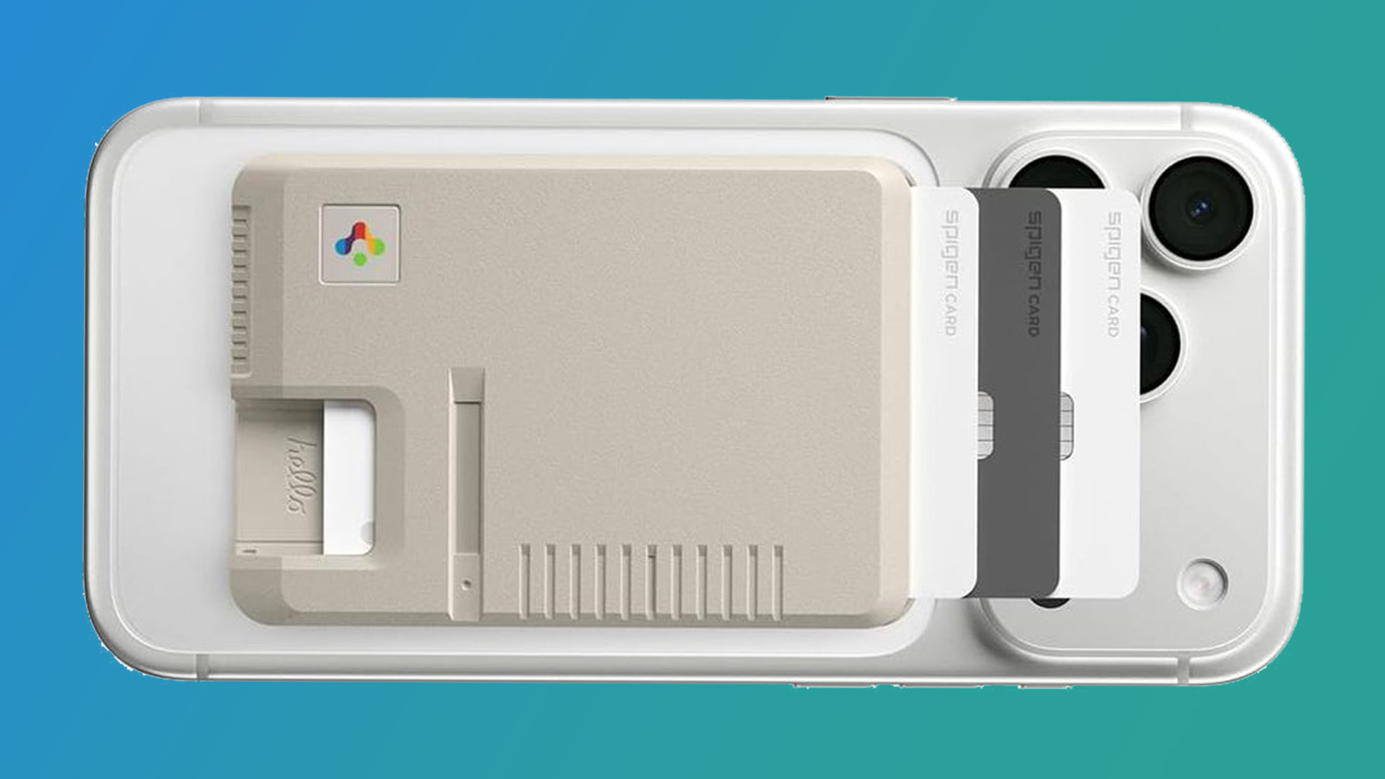 The Spigen Classic LS Card Holder on the back of an iPhone on a blue and green background