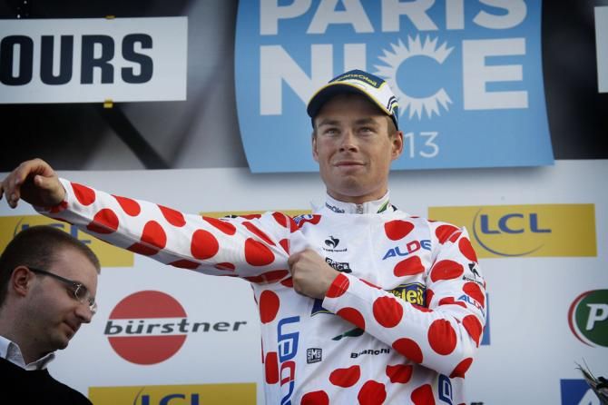 Bertjan Lindeman (Vacansoleil-DCM Pro Cycling Team) dons the polka dot jersey of the mountains classification leader.