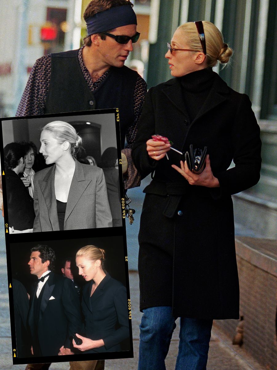 Carolyn Bessette-Kennedy pictured wearing a knotted bun on multiple occasions.