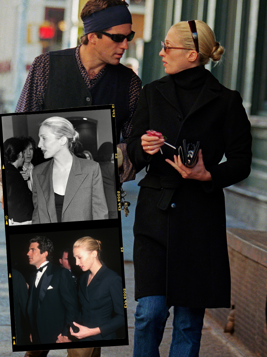 Carolyn Bessette-Kennedy pictured wearing a knotted bun on multiple occasions.