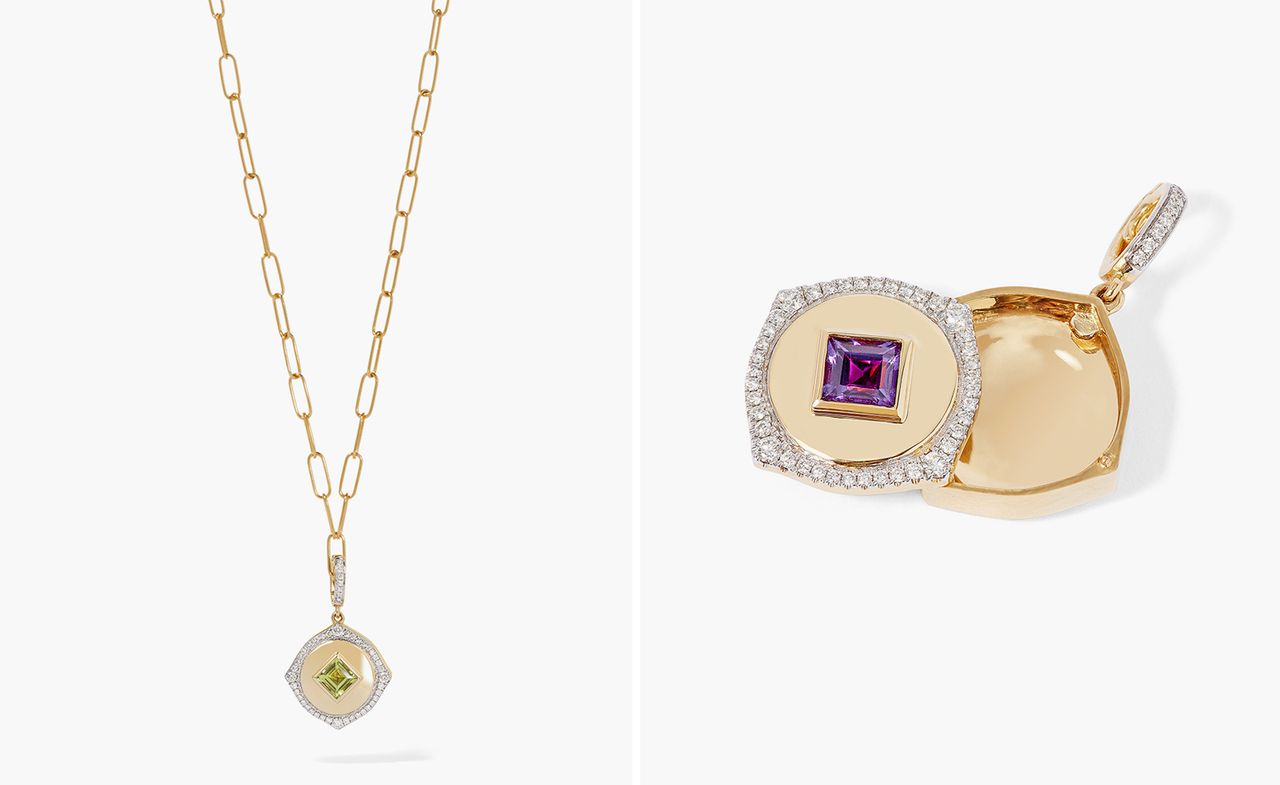 Gold birthstone lockets with diamonds by Annoushka