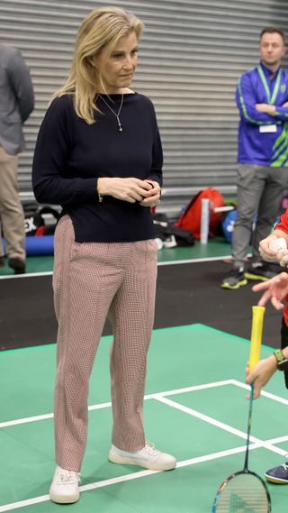 Sophie, Duchess of Edinburgh speaks with Para badminton players during her visit to the All England Open Badminton Championships in 2024