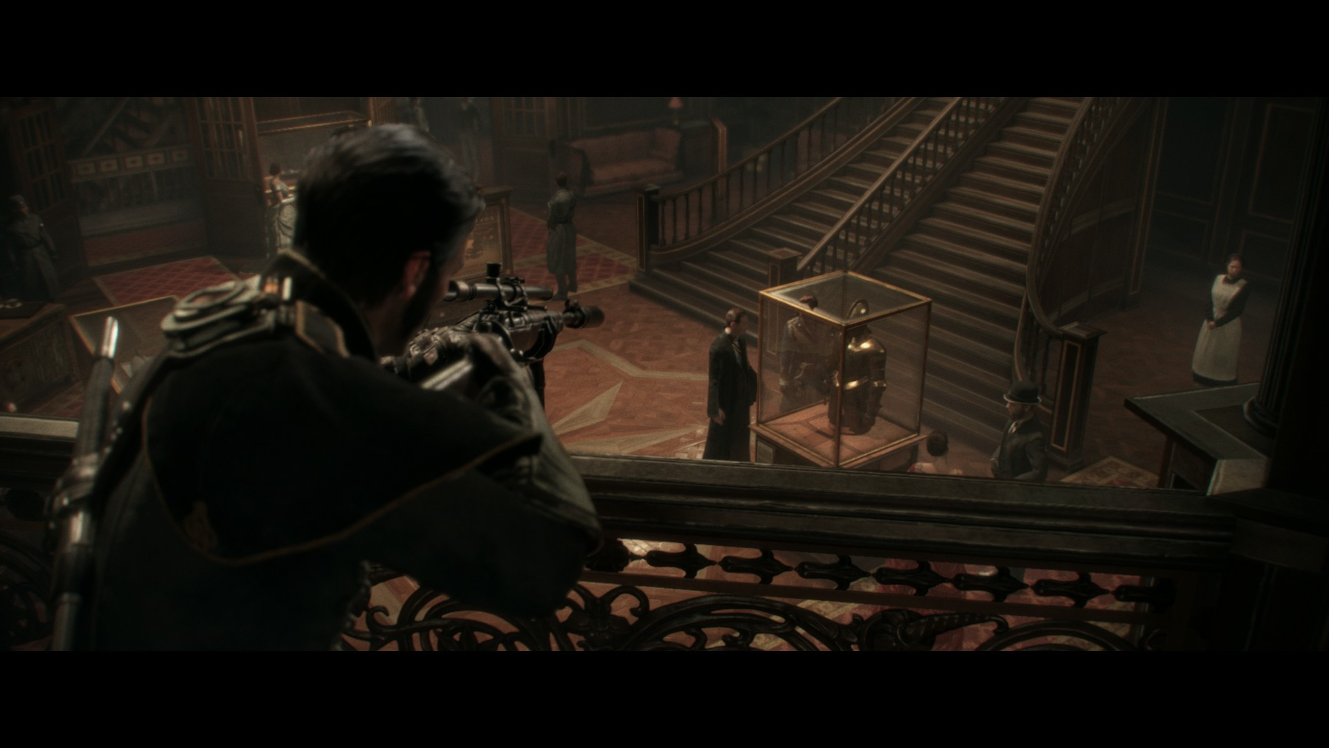 Sir Galahad aims down rifle sights at patrolling enemies in The Order: 1886 while onboard an airship