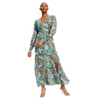Bar III Women’s Printed Long-Sleeve Slit-Hem Maxi Dress
