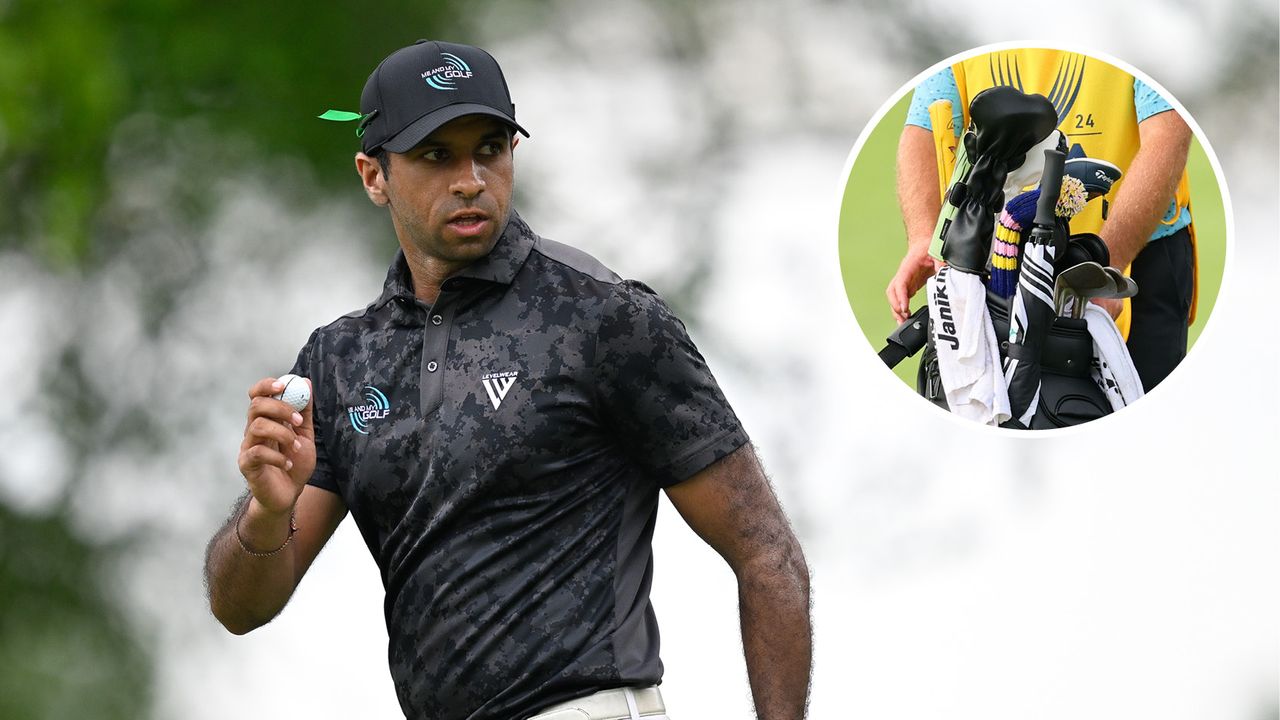 Aaron Rai shows his appreciation to the crowd while holding a golf ball - inset photo shows his irons with headcovers in his bag